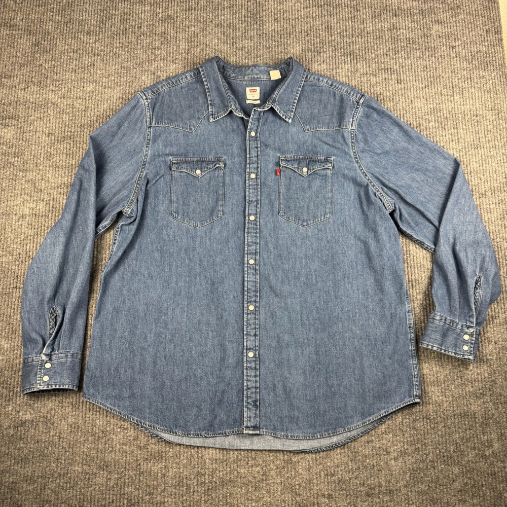 Levis Pearl Snap Shirt Mens XXL‎ Long Sleeve Western Denim Medium Wash Cowboy